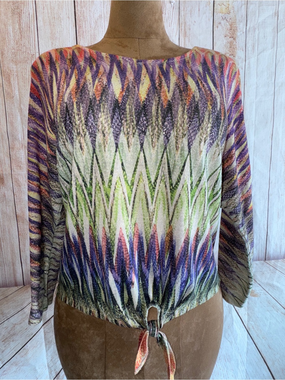 Chico's Multicolor Geometric Tie-Front Knit Top, shimmery w/ beads Sz 2 or L/12